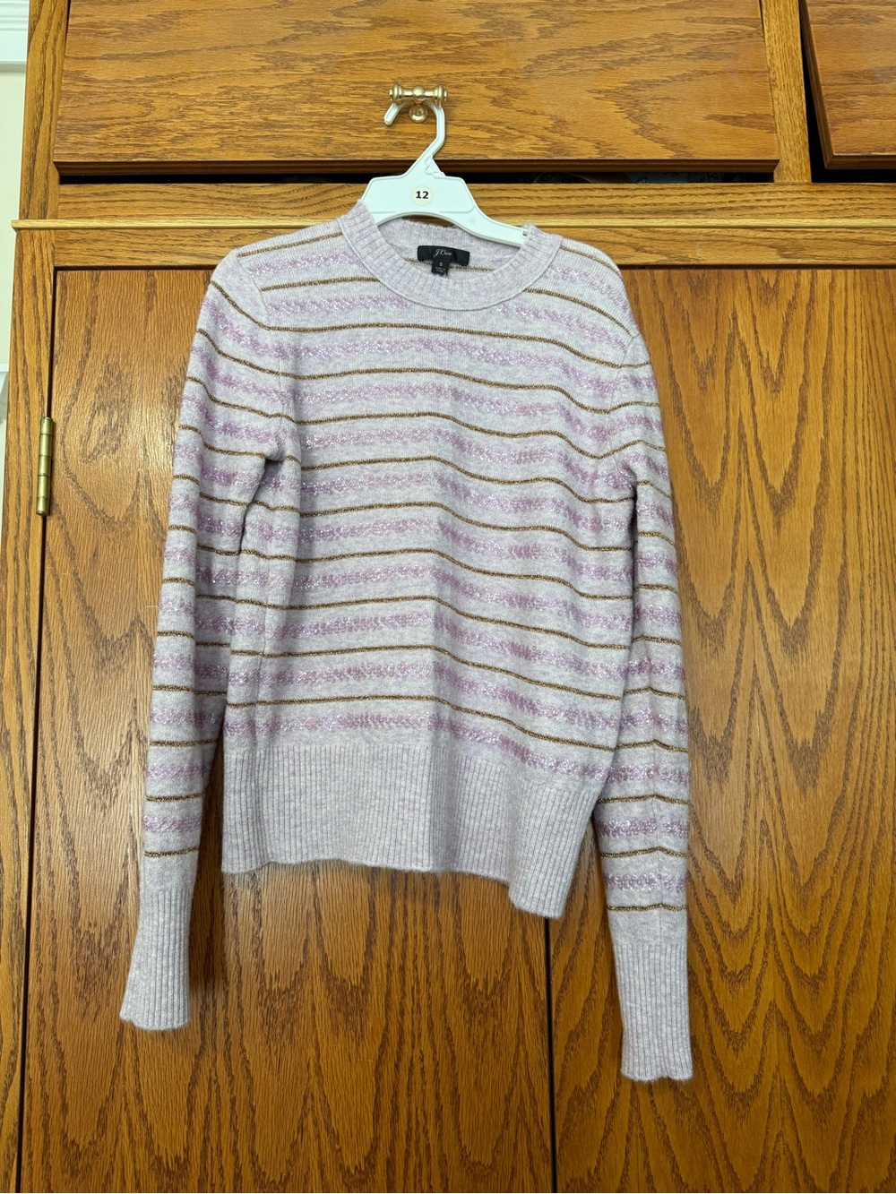 J. Crew Lilac and Gold Metallic Stripe Crewneck Sweater